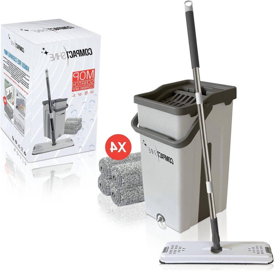 Compact Shine Dweilset met uitwringemmer roestvrijstalen telescoopsteel 4 herbruikbare dweilen voor alle vloertypes mop and bucket set