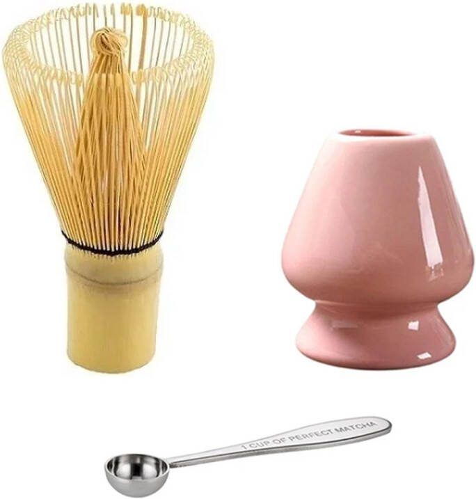 Compleet Matcha thee set Matcha Klopper Chasen Houder Roze Matcha RVS maatschep Japanse Theeceremonie 1 Cup of Perfect Matcha Bamboe Matcha Whisk Set van 3