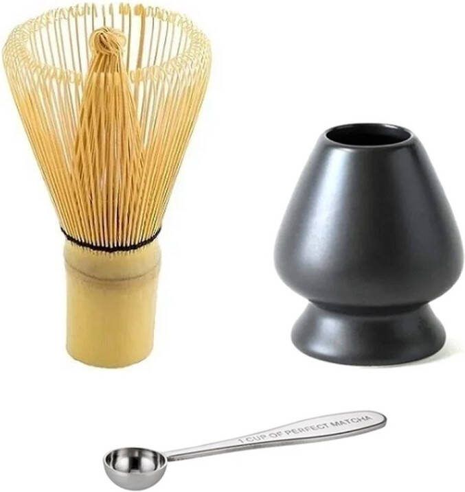 Compleet Matcha thee set Matcha Klopper Matcha RVS maatschep Matcha Chasen Houder Black Edition Mat Zwart Japanse Theeceremonie 1 Cup of Perfect Matcha Bamboe Matcha Whisk Set van 3