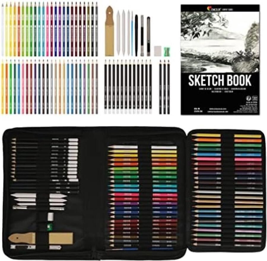 Compleet Tekenset 74-delig Set van 24 aquarelpotloden 12 kleurpotloden 12 metaalpotloden 12 papierpotloden en accessoires Inclusief 1 Tekenboek