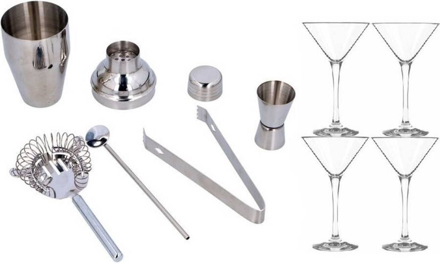 Merkloos Sans marque Complete cocktail shaker workshop set inclusief 4x cocktailglazen Martiniglazen 9 delig