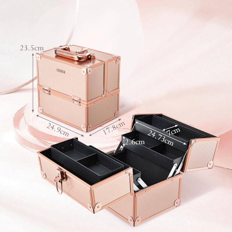 Complete make-up koffer lege make-upkoffer aluminium beauty-case afsluitbare nagelkoffer multikoffer roségoud Medium Complete Make up koffer