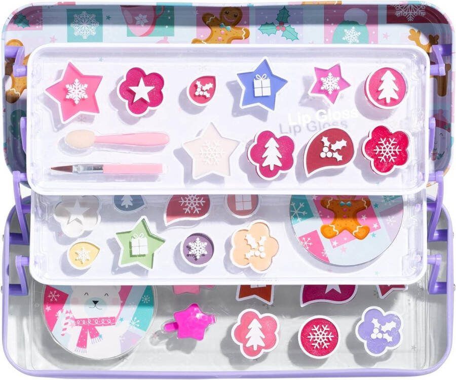 Complete Make Up koffer met 3-Tier Lip & Face Tin Gift Set Lipgloss Oogschaduwen Verschillende Smaakjes & Tinten Kinderen Haarklemmen & Make-up Applicator Complete Make up koffer
