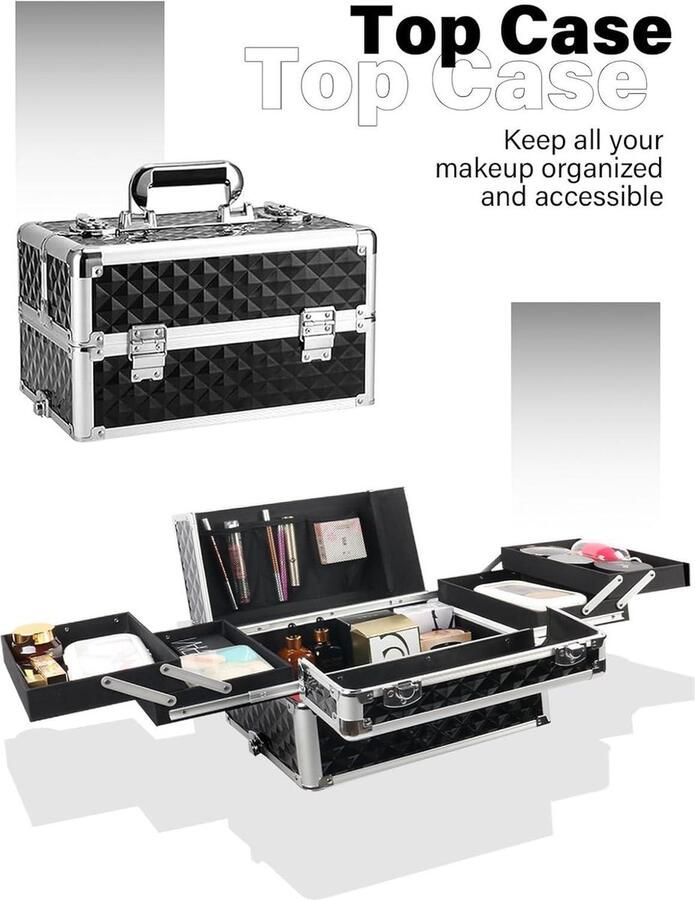 Complete Make-up koffer op Wielen Draagbare Rollende Make-upkoffer voor Salon Kapper 4-in-1 Professionele Cosmeticakoffer Trolley (Zwart) Complete Make up koffer