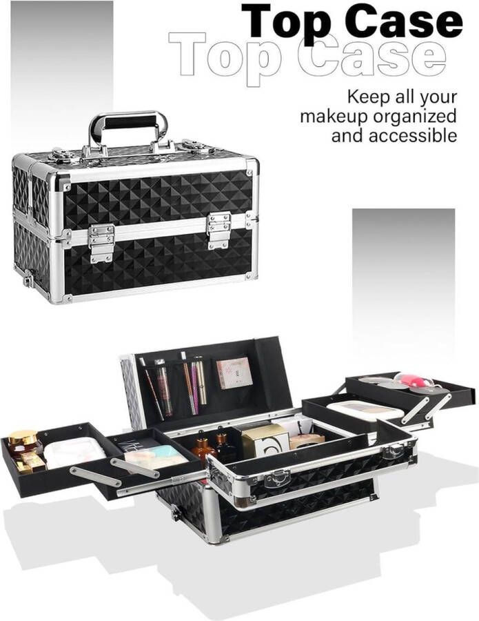 Complete make up koffer Professionele make up trolley case Kalolary 4-in-1 Cosmeticakoffer Kapperskoffer op wielen Draagbare make up koffer voor salon Zwart Complete make up koffer