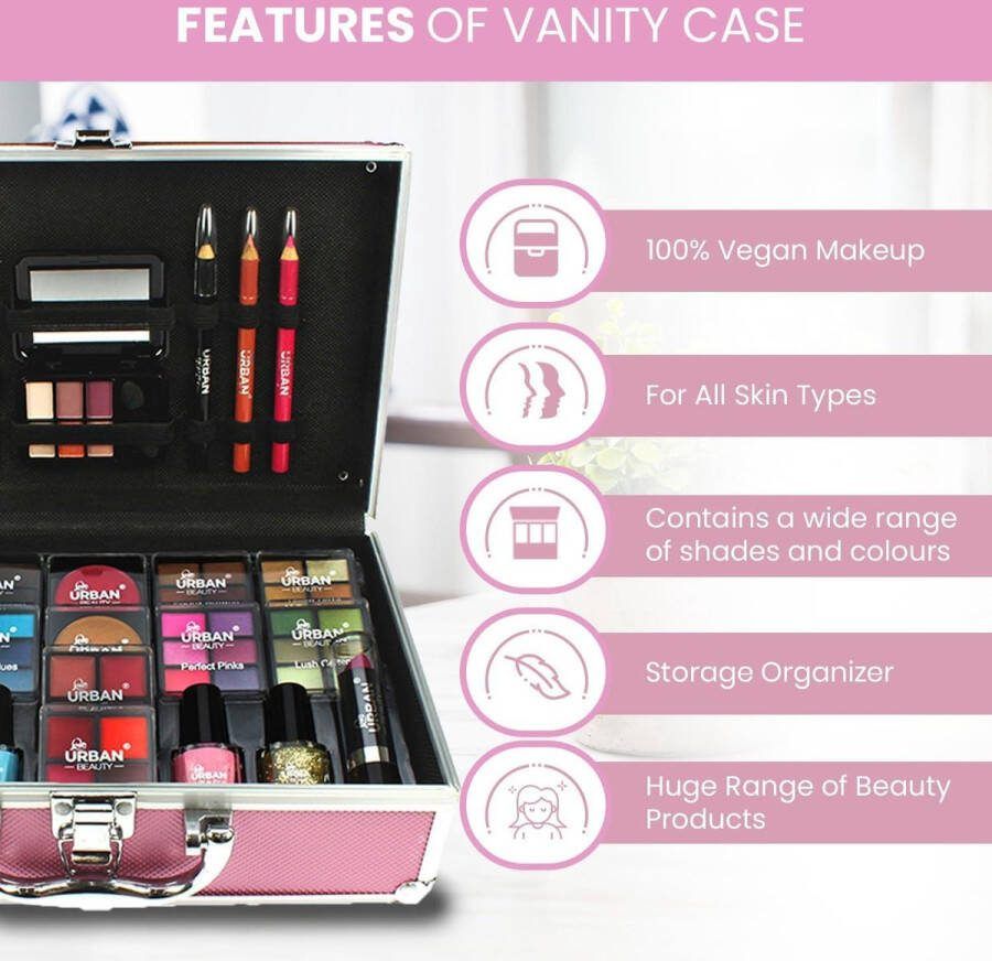 Complete Make-up koffer Veganistisch Felroze 82-delige set voor tieners en vrouwen met oogschaduw-blusher-lippenstiften-nagelen Complete Make up koffer