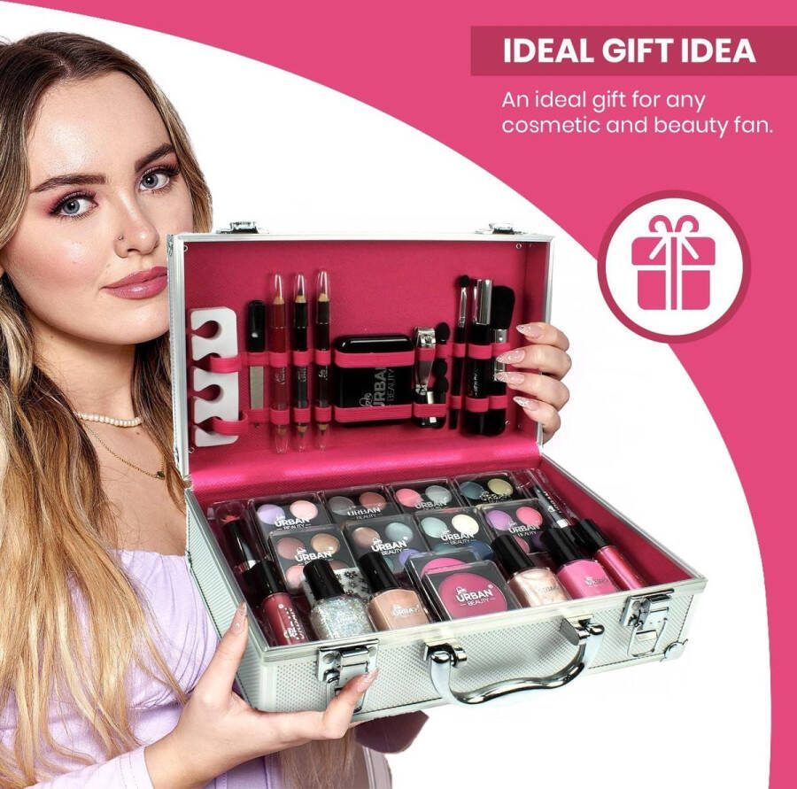 Complete Make-upkoffer Veganistische Oogverblindende Make-upset voor Tieners 60-delige Make-up- en Nagelset Elegant Zilveren Design Compact en Lichtgewicht Dames Make-up Koffer Complete Make up koffer