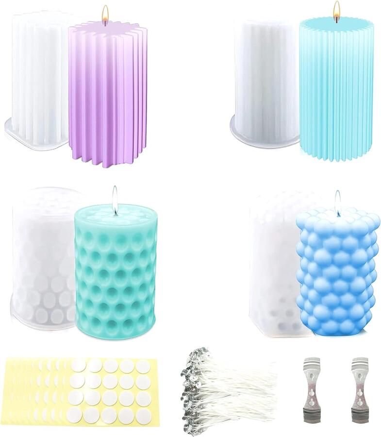 Complete set voor het maken van 216 kaarsen inclusief 4 siliconen kaarsvormen 200 lonten 2 houders en 10 stickers 3D DIY siliconen kaarsen gietvormen cilinder vorm voor het gieten van kaarsen