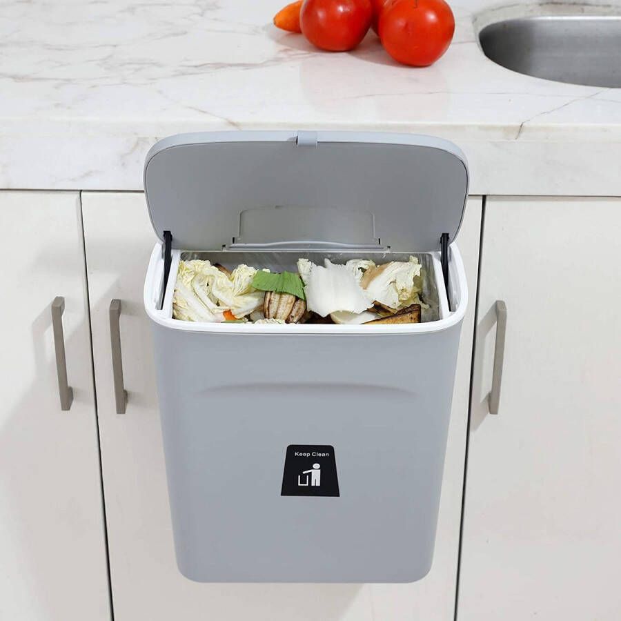 Compostbak voor keuken -2 4 gallons 9L prullenbak voor onder gootsteen hangende kleine prullenbak met deksel voor badkamer slaapkamer compostemmer binnenshuis (grijs)