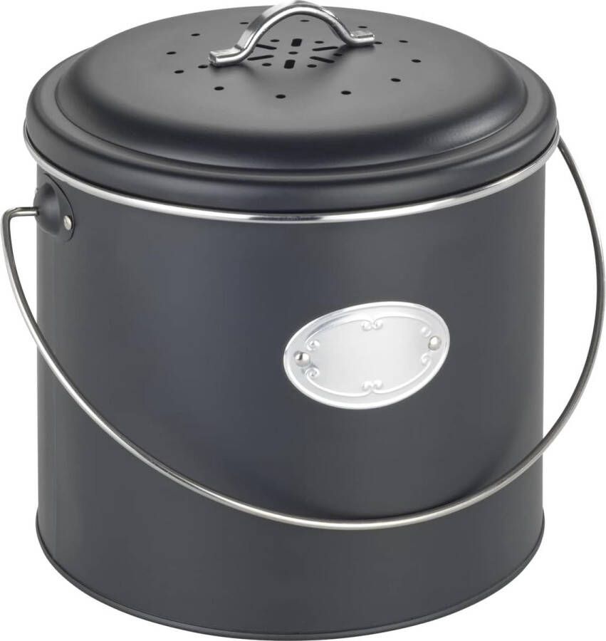 Compostemmer Nero 6 L van metaal deksel met siliconen ring met 3 actieve koolfilters voor het neutraliseren van geurtjes etiketteplaat afmetingen (B x D x H): Ø 22 5 x 22 5 cm zwart