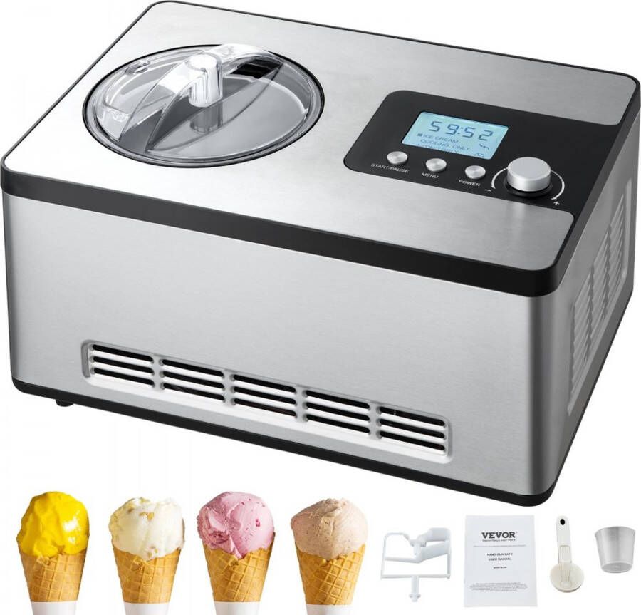 Compressor-ijsmachine 2 l 180 W Frozen Yoghurt Maker IJsmachine 3 standen Yoghurtmachine Huishoudelijke draagbare ijsmachine Sorbet Gelato Geluidsarm Zilver Elektrisch