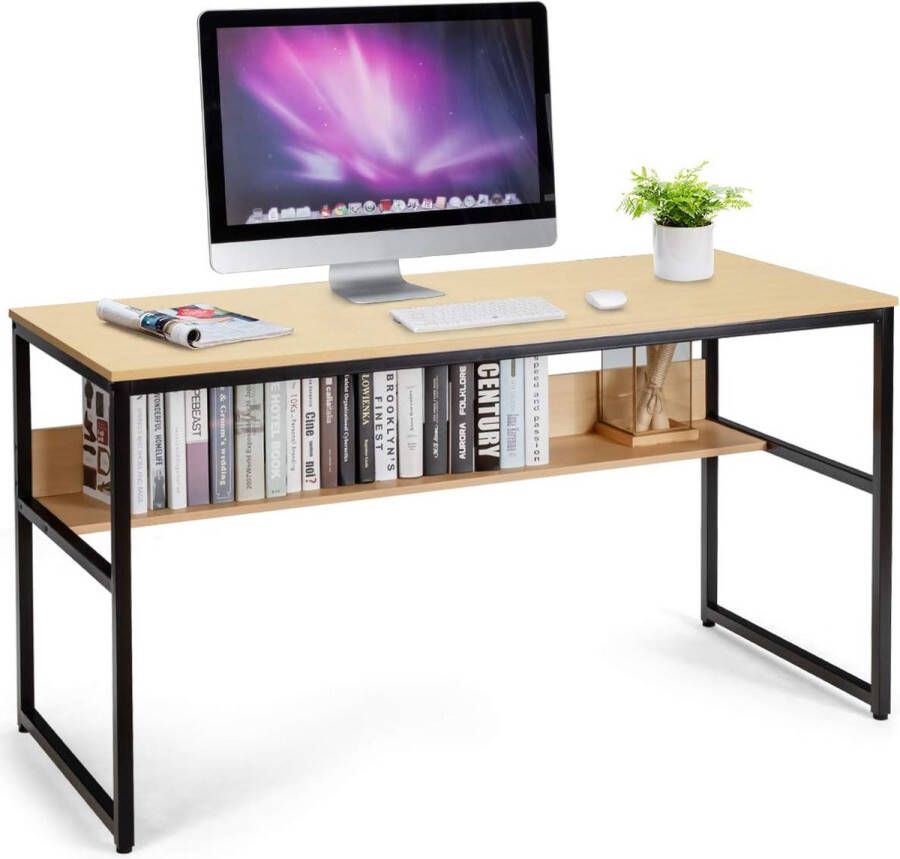 Computertafel 140 x 60 x 76 cm werktafel industrieel met legplank metalen structuur bureau voor werkkamer kantoor slaapkamer (natuur)