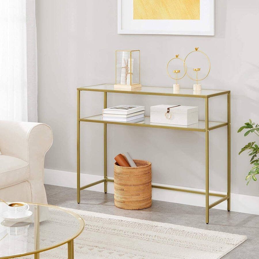 Merkloos Sans marque Console tafel bijzettafel met 2 planken gehard glas opbergrek metalen frame verstelbare poten voor woonkamer gang gouden