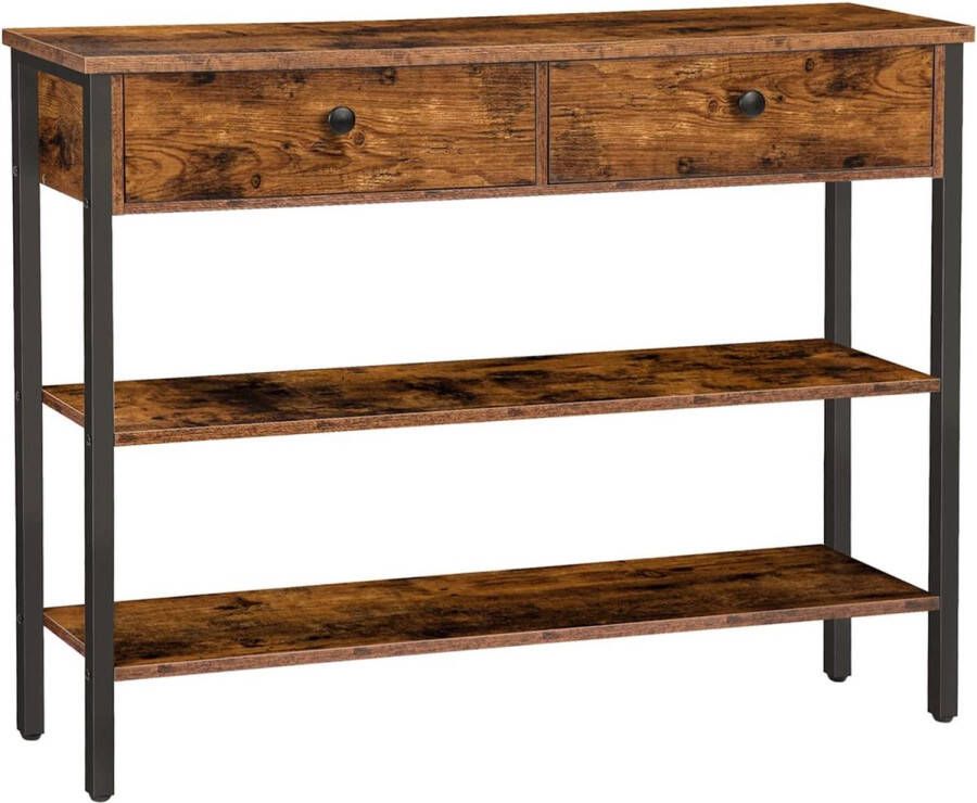 Consoletafel haltafel met 2 laden en 2 planken banktafel met stevig metalen frame voor entree hal woonkamer vintage bruin-zwart