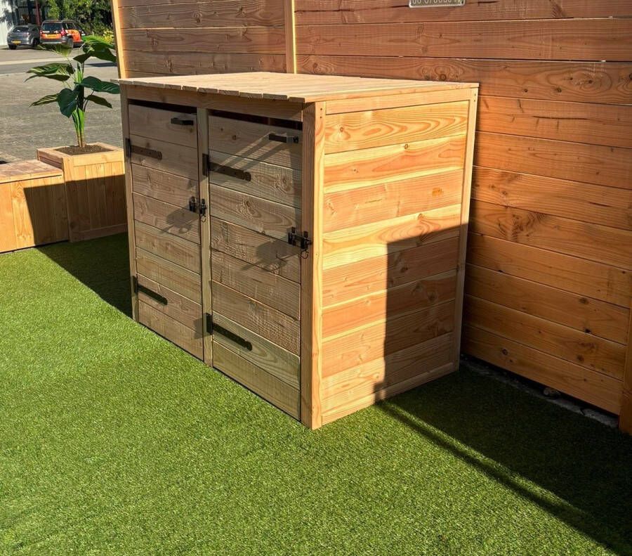 Containerombouw kliko ombouw douglas blank 2 LET OP GEEN BOUWPAKKET WORDT KANT EN KLAAR GELEVERD Dus geen gedoe van zelf in elkaar zetten Kliko Ombouw voor 2 container Containerberging Containerkast Container berging