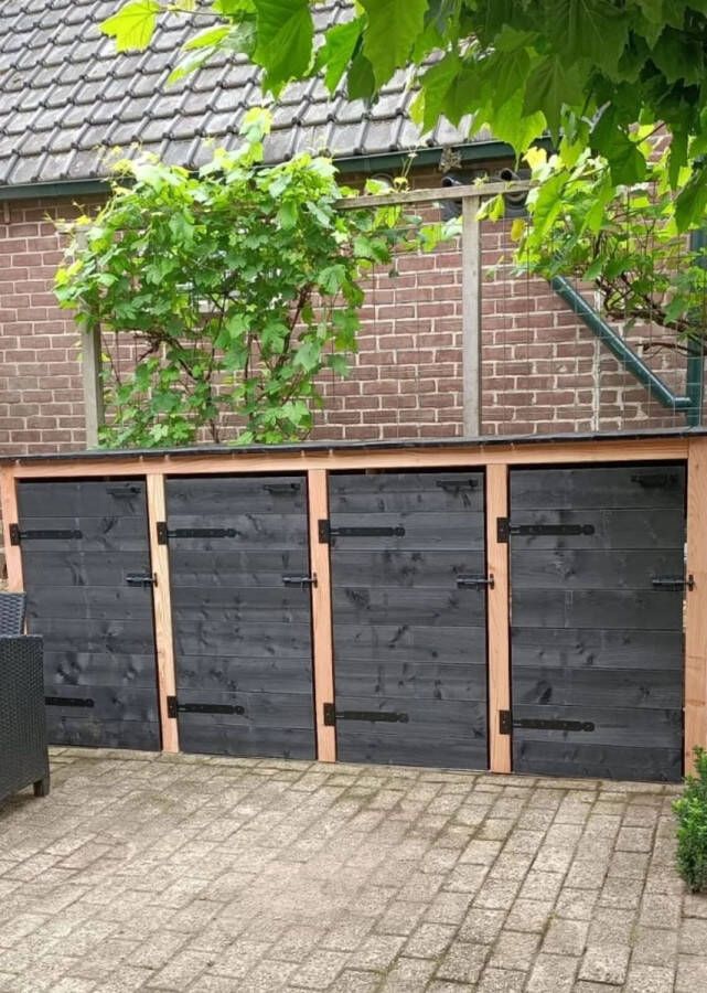 Containerombouw kliko ombouw douglas zwart met blanke balk 4 LET OP GEEN BOUWPAKKET WORDT KANT EN KLAAR GELEVERD Dus geen gedoe van zelf in elkaar zetten Kliko Ombouw voor 4 containers Containerberging Containerkast Container berging