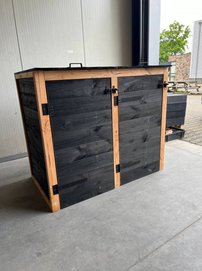 Containerombouw voor 2 kliko`s zwart Douglas 2 DICHTE ACHTERKANT LET OP GEEN BOUWPAKKET WORDT KANT EN KLAAR GELEVERD Dus geen gedoe van zelf in elkaar zetten Kliko Ombouw 2 container Containerberging Containerkast enkel -Container berging