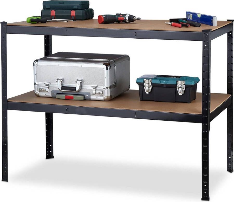 Content in HTML Werkbank met 2 etages verstelbaar draaglast tot 150 kg MDF en staal HBD: 90x120x60 cm zwart werktafel met deksel