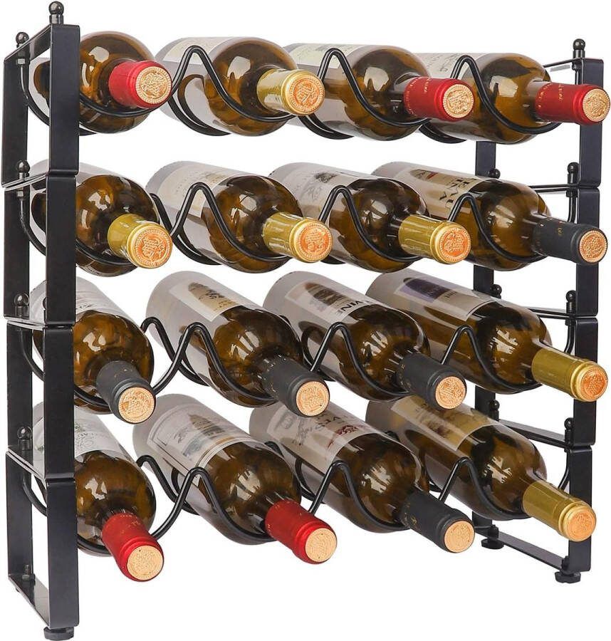 Contertop wijnrek met 4 niveaus stapelbare kast met 16 flessen wijnorganizer perfect vrijstaande klassieke drankopbergplank voor bar voorraadkast kelder metaal (zwart)