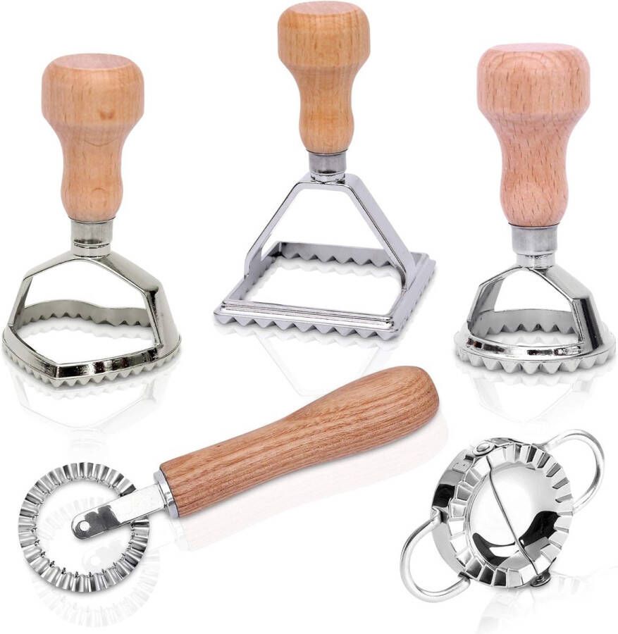 Cookie Cutter Set met Dumpling Maker en Deegwiel Gemaakt van Hoogwaardig Beukenhout en Roestvrij Stalen Ravioli Vorm Ook Ideaal voor Dumplings Pierogie & Dumplings (Set van 5)