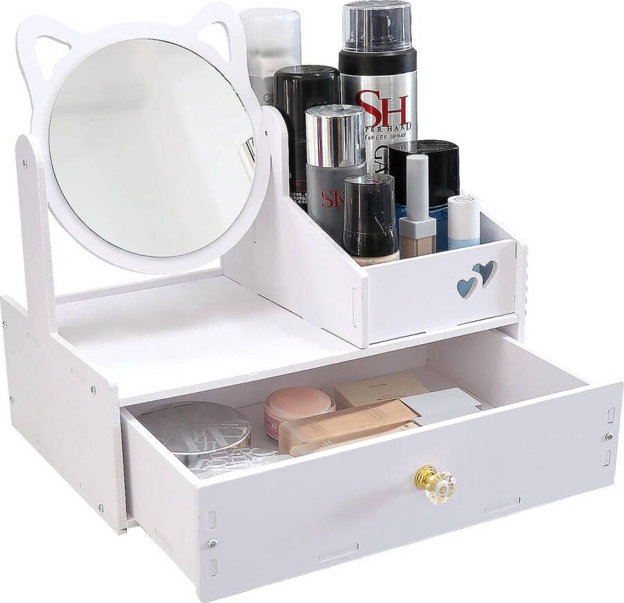 Cosmetic organizer make-uptafelorganizer met spiegel witte bureau-cosmetica-organizer witte make-up-organizer met lade voor commode slaapkamer badkamer (ronde spiegel)