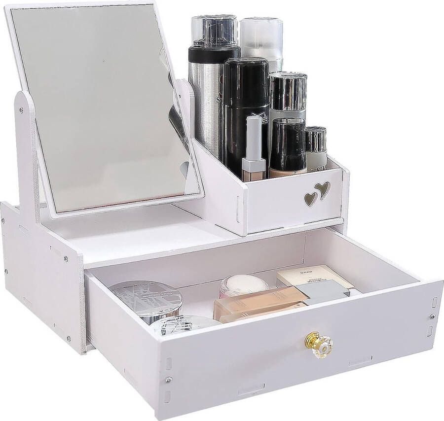 Cosmetic organizer make-uptafelorganizer met spiegel witte cosmetica-organizer witte make-up-organizer met lade voor commode slaapkamer badkamer (vierkante spiegel)