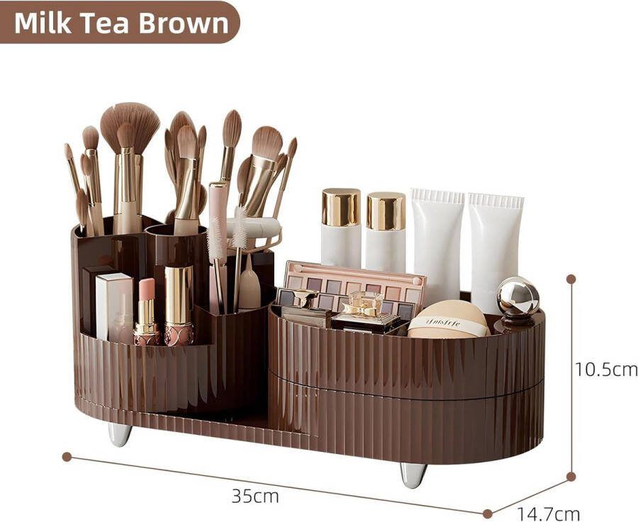 Cosmetica-make-uporganizer 360° draaibare make-uptafel kwastorganizer multifunctionele cosmetica-opslag voor commode slaapkamer badkamer bruin