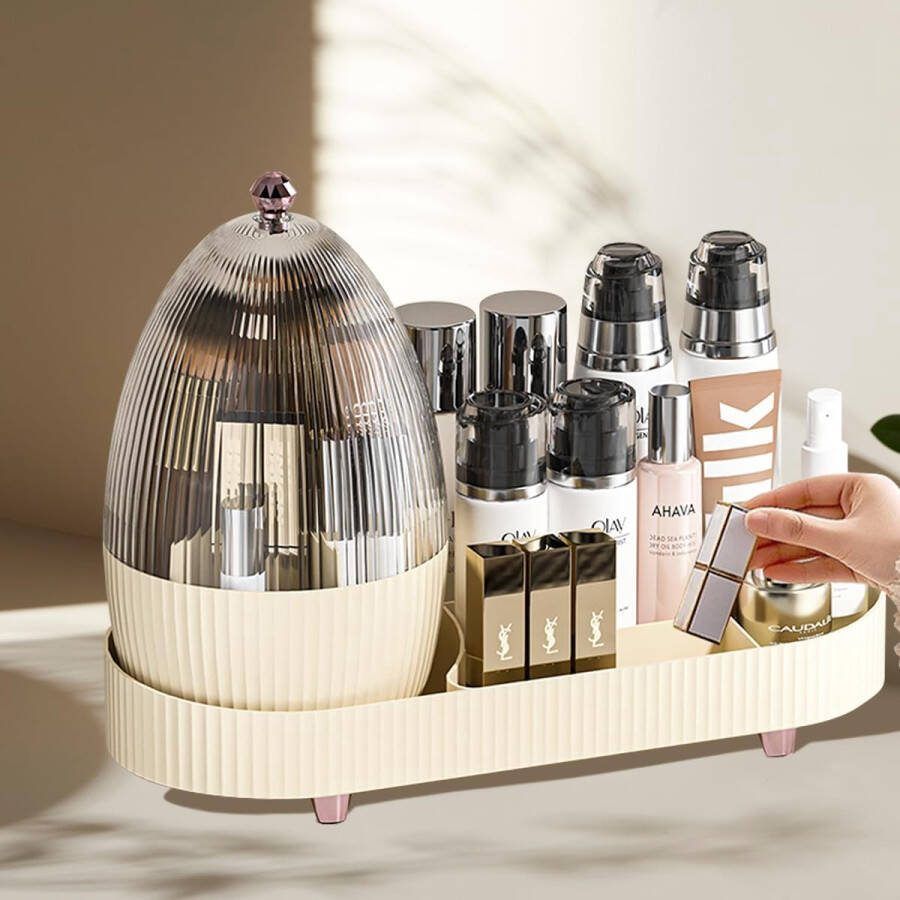 Cosmetica-organizer 360 graden draaibaar make-up-organizer kwasthouder voor make-up kaptafel organizer met deksel voor kaptafel badkamer slaapkamer (crèmewit)