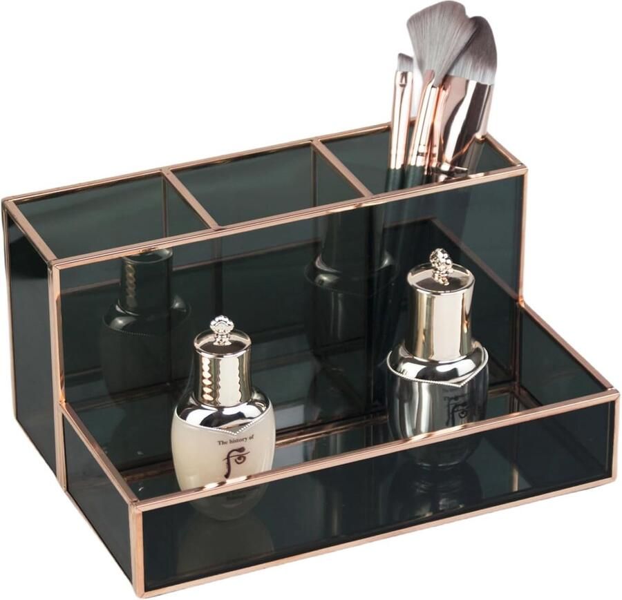 Cosmetica-organizer HARLIANGXY make-uporganizer beauty-organizer houder make-upkwastenhouder goudkleurig zwart glazen cosmeticabox bewaarplek voor make-up transparant decoratief blad 20 x 14 x 10 cm
