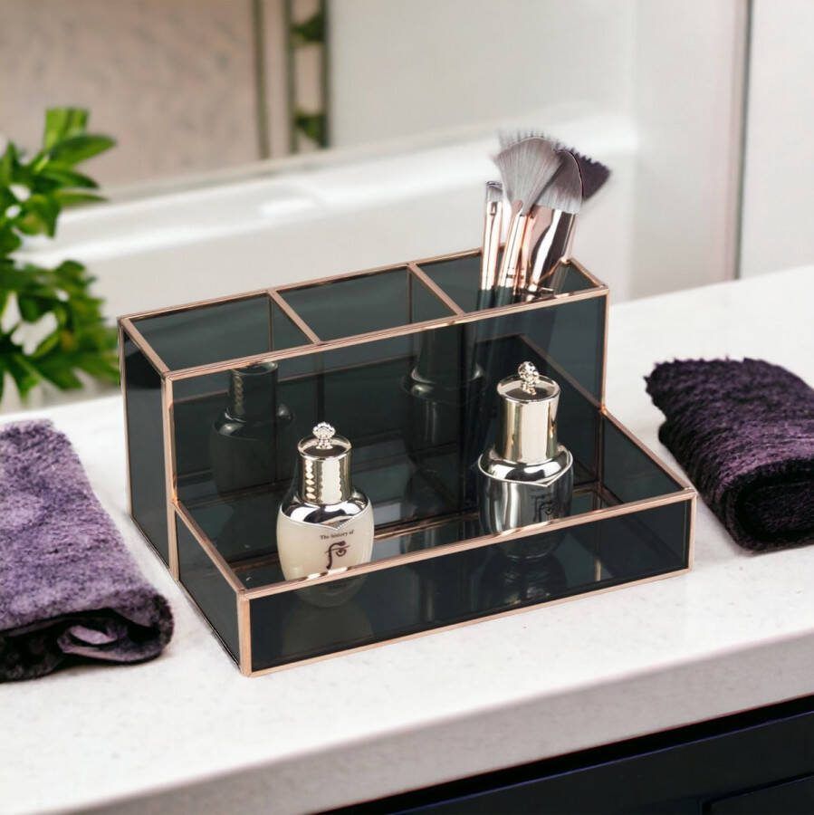 Cosmetica-organizer make-uporganizer beauty-organizer houder make-upkwastenhouder goudkleurig zwart glazen cosmeticabox bewaarplek voor make-up transparant decoratief blad 20 x 14 x 10 cm