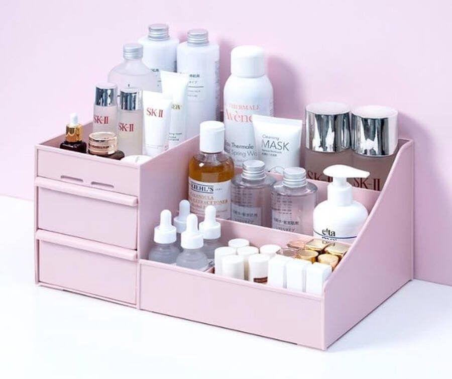 Cosmetica-organizer met laden make-up-opslag cosmetica voor lippenstift kwasten lotions grote make-uptafel organizer box voor slaapkamer badkamer (roze kleur)