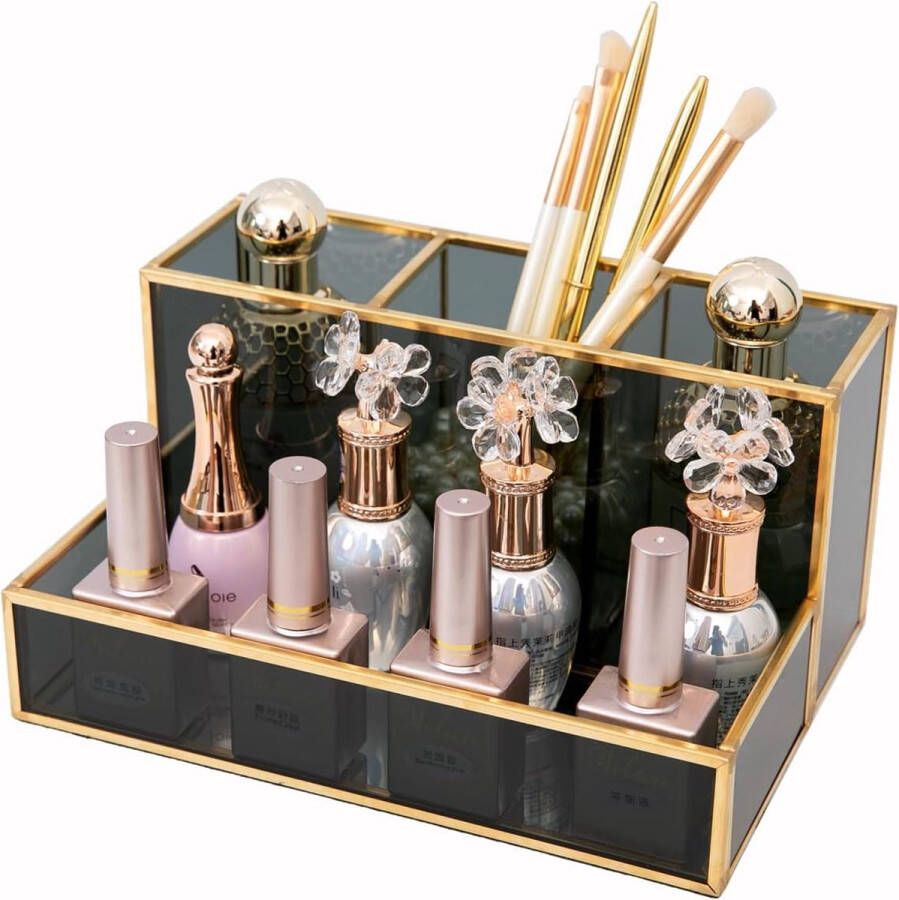 Cosmetica-organizer voor make-up beauty-organizer penseelhouder goud zwart glas cosmeticabox opslag van make-up transparant decoratief dienblad 20 x 14 x 10 cm