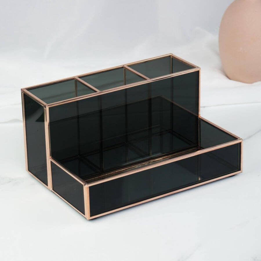 Cosmetica-organizer voor make-up beauty-organizer penseelhouder goud zwart glas cosmeticabox opslag van make-up transparant decoratief dienblad 20 x 14 x 10 cm