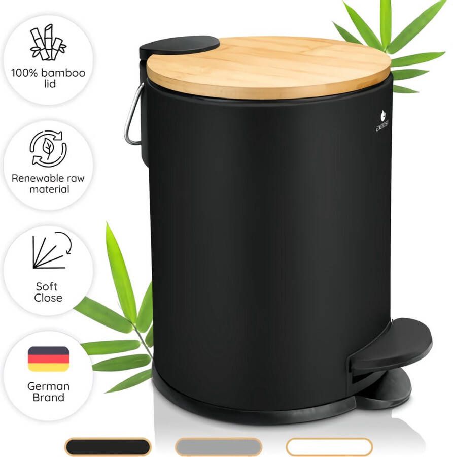 Cosmetica pedaalemmer Tortona zwarte emmer met bamboedeksel 3 liter hoogwaardige badkamer-vuilnisemmer met Easy-Close sluitmechanisme van roestvrij gesatineerd roestvrij staal 17 x 23 5 x