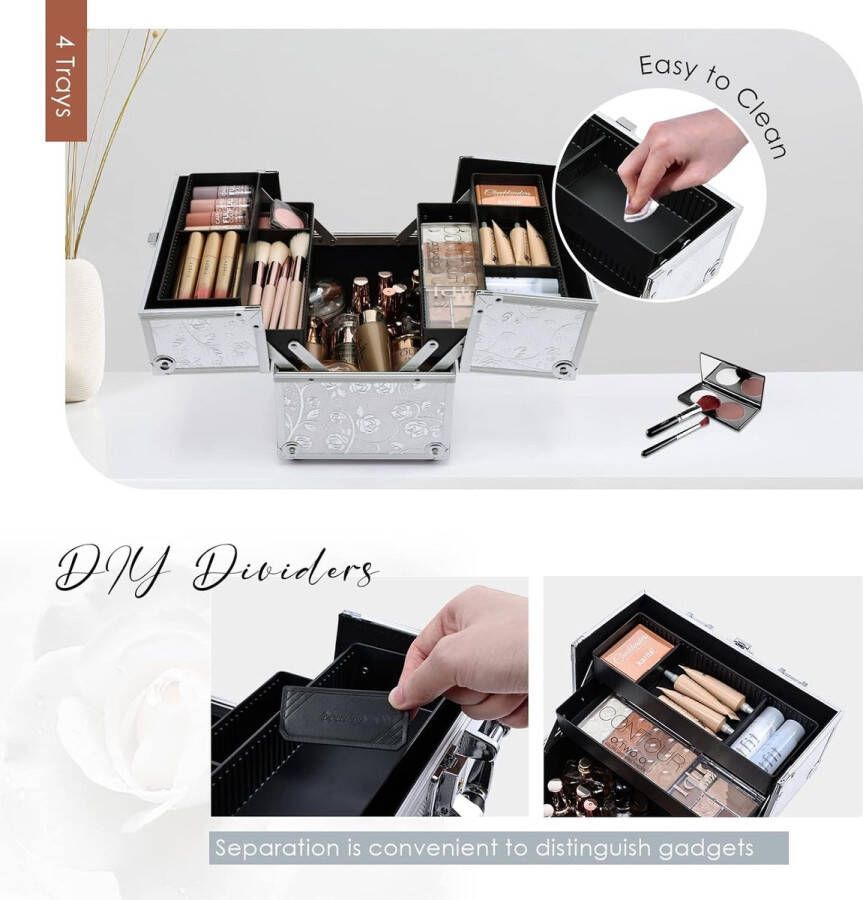 Cosmeticakoffer lege make-upkoffer aluminium beautycase afsluitbare nagelkoffer multikoffer rozenreliëf zilver