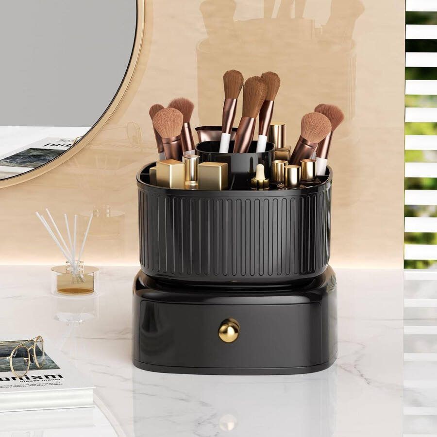 Cosmetische make-up organisator 360° roterende borstelorganisator met lade cosmetisch rek kaptafelorganisator cosmetische organisator voor kamerdecoratie kaptafel slaapkamer badkamer (zwart)