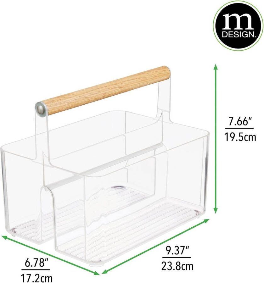 Cosmetische mand voor de badkamer opbergmand met 2 vakken voor cosmetica make-up of nagellak draagbare badkamerplank van kunststof met houten handvat natuurlijke kleuren en doorzichtig
