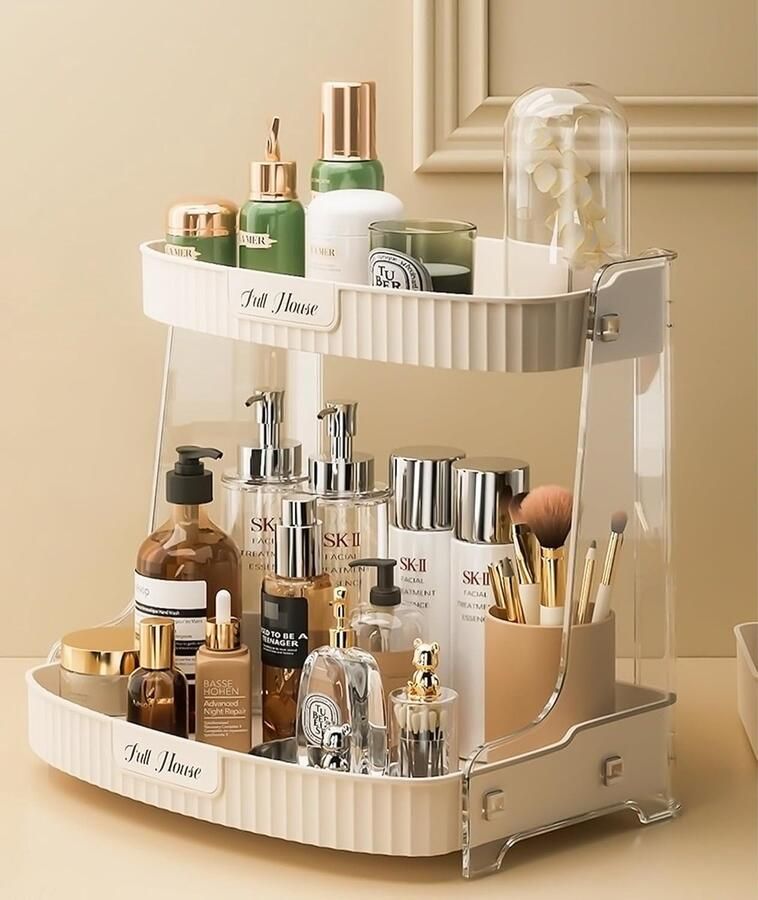 Cosmetische organisator 2 niveaus make-up organisator kaptafel organisator badkameropslagorganisatie dames (beige-2 niveaus)