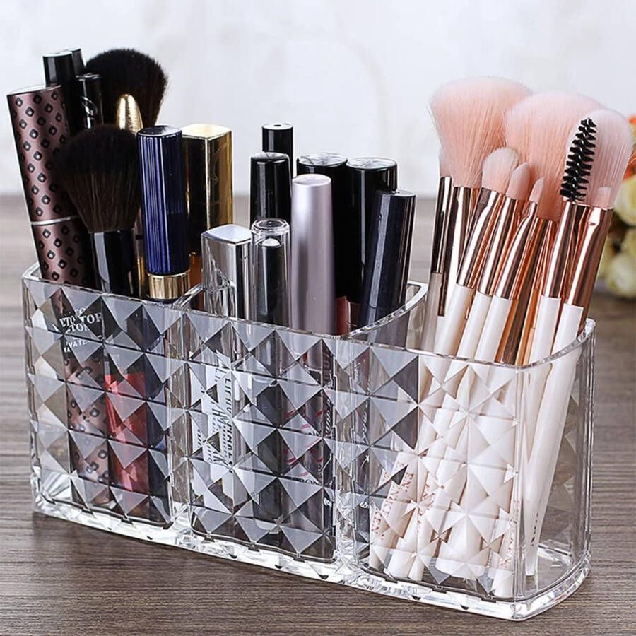 Cosmetische organizer 3 compartimenten make-upopslag voor parfum eyeliners lippenstift mascara acryl kristal make-upborstelhouder voor badkamer slaapkamer ijdelheid bureau