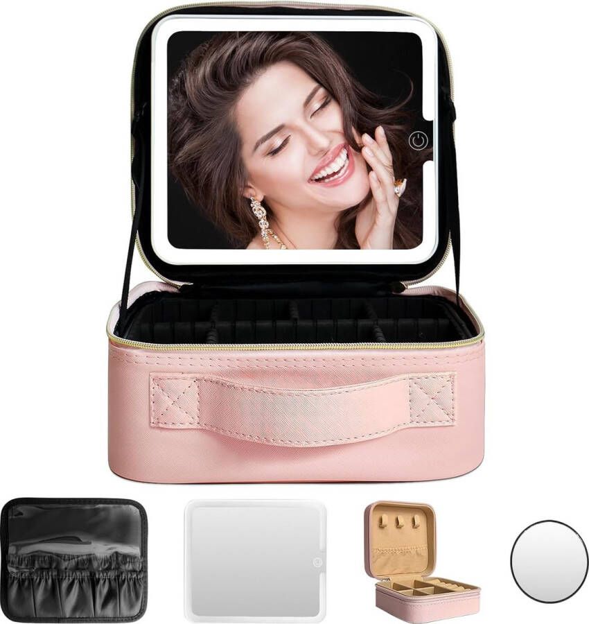 Cosmetische tas met spiegel en licht professionele make-uptas met 1 10 x spiegels en 3 kleuren lichten cosmetische koffer met verstelbare scheidingswanden make-uporganisatoren voor vrouwen roze