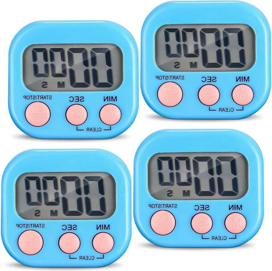 Countdown stopwatch blauw timer eierwekker digitaal met lcd-scherm luid alarm voor koken badkamer 4 stuks kookwekker digitaal