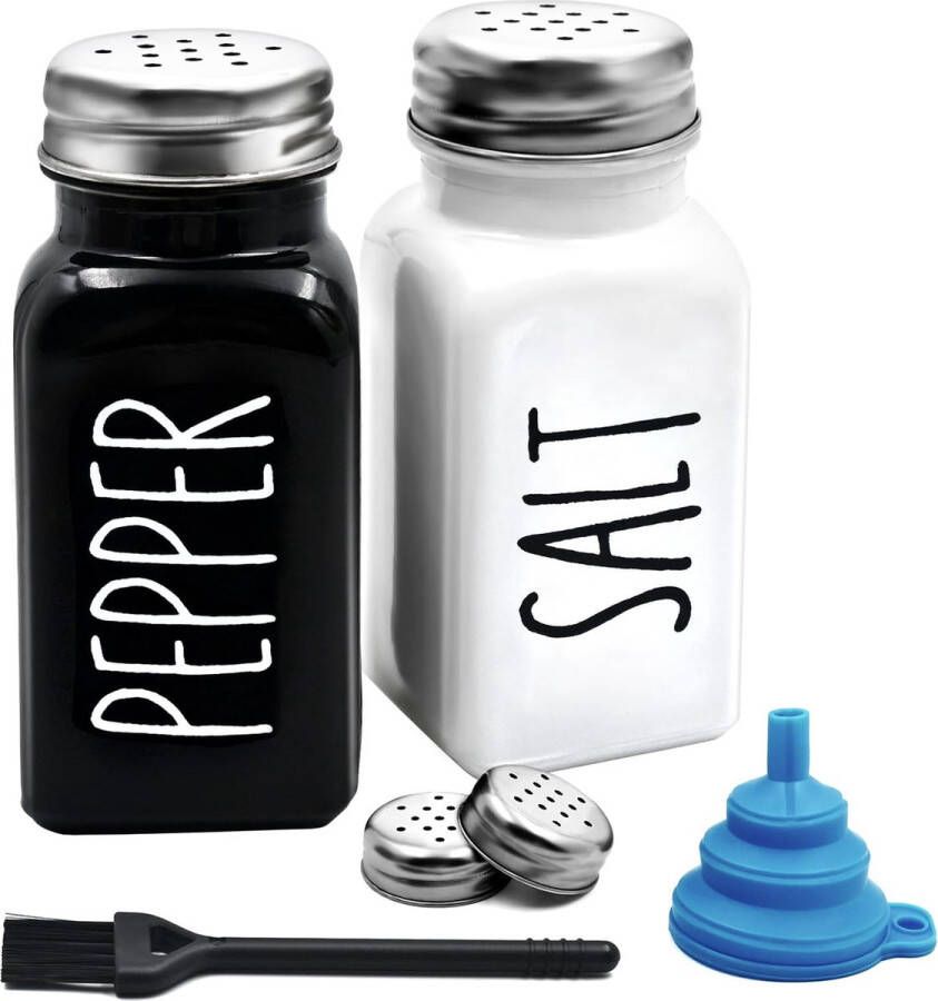 Country zout en peper shakers vintage glas zwart-wit schudbeker sets met etiketten 4 roestvrijstalen deksels een reinigingsborstel 1 trechter boerderij stijl keuken decor voor thuis restaurant bruiloft