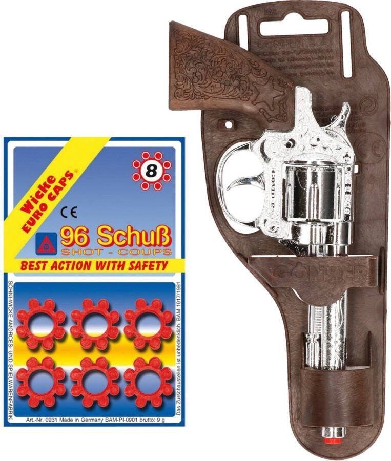 Cowboy politie speelgoed revolver pistool metaal voor 8 schots ringen plaffertjes 96 shots in de set