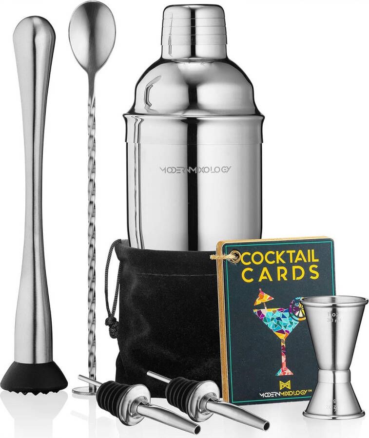 Craft Cocktail Shaker Set 8-delige cocktailset van roestvrij staal cadeauset met cocktailshaker baraccessoires en receptkaarten zilver