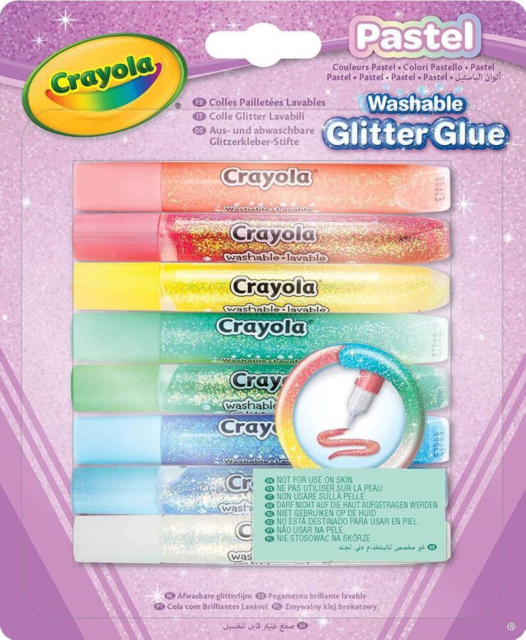 Crayola Pastel- Afwasbare glitterlijm verpakking van 8 voor school en vrije tijd geassorteerde pastelkleuren