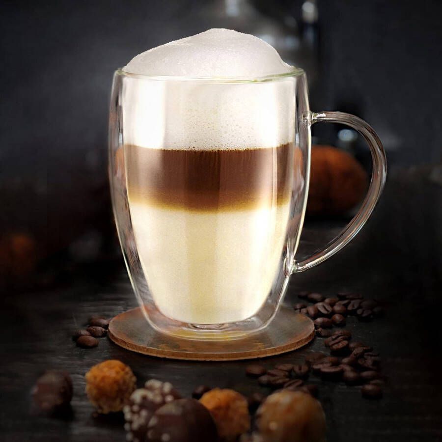 Creano dubbelwandig thermisch glas met handvat 400 ml groot dubbelwandig glas van borosilicaatglas koffieglazen theeglazen latte glazen set van 6