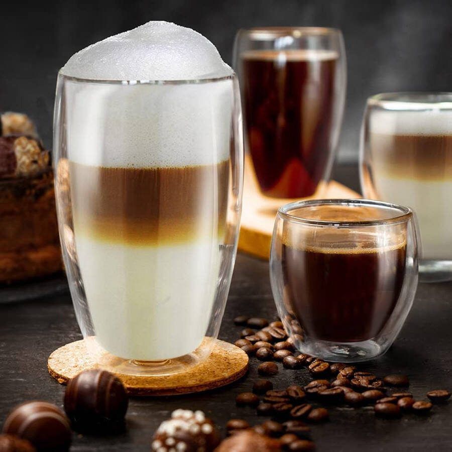 Creano dubbelwandig XXL thermisch glas 400ml extra groot hittebestendig koffieglas theeglas latte macchiato van borosilicaatglas set van 4