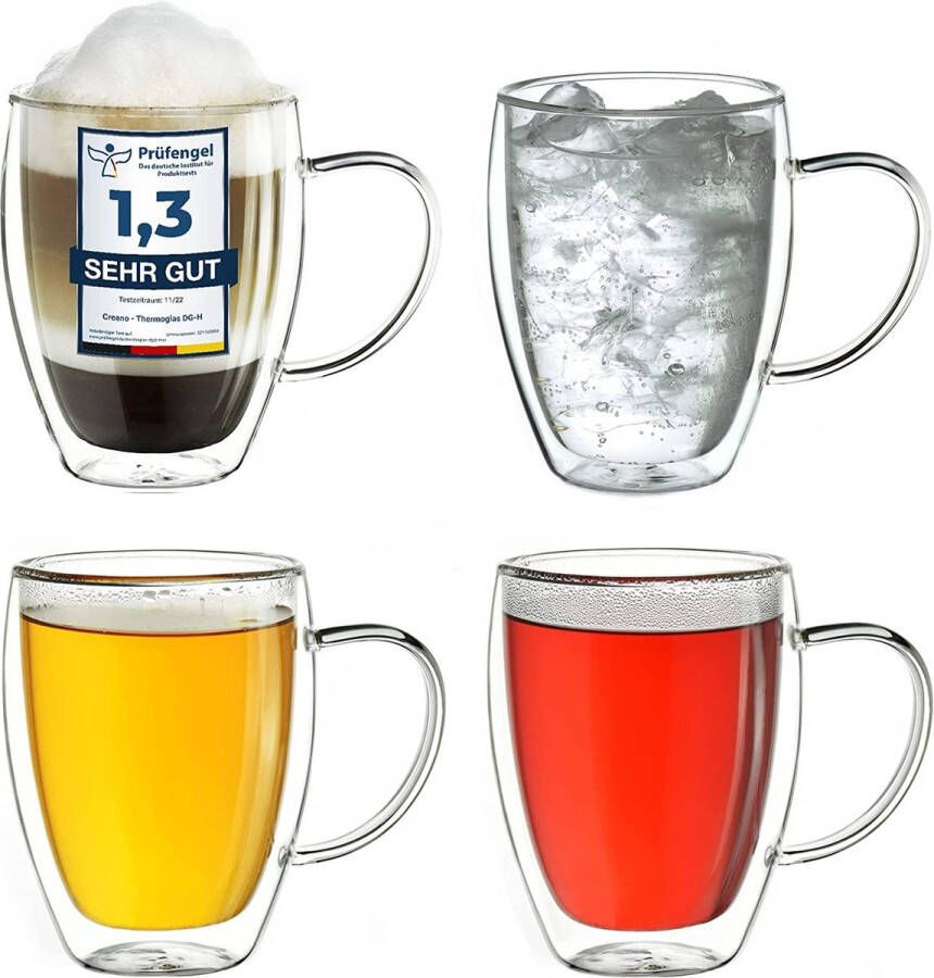 Creano Theeglas koffieglas dubbelwandig thermisch glas met handvat groot van borosilicaatglas 4 x 250 ml