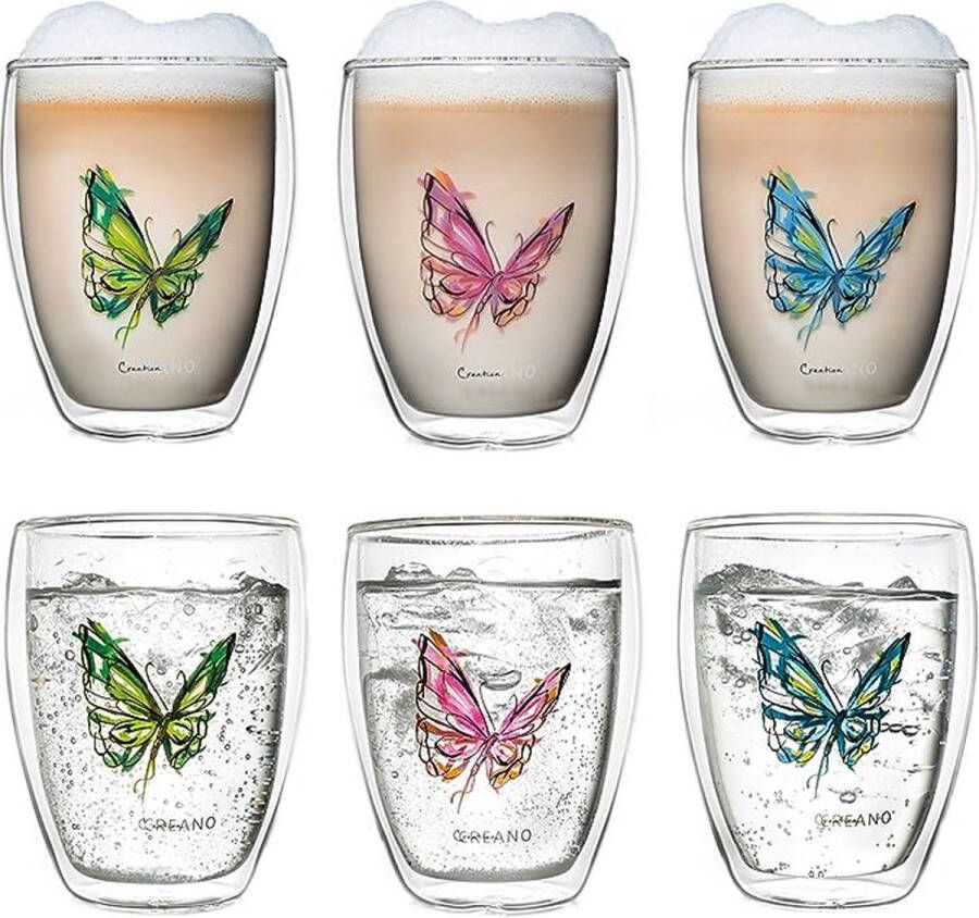 Creano thermo glas Colourfly dubbelwandig theeglas latte macchiato thermo mok vlinder 250 ml in exclusieve geschenkdoos set van 6