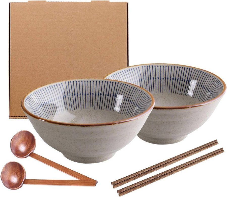 Creatieve Japanse Keramische Ramenkommen met Eetstokjes en Lepels Voor Magnetron Fruit Salade Groenten Noedels Set van 2 1100ml
